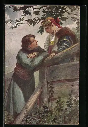 Künstler-AK S. Solomko: Junges Liebespaar beim Treffen am Gehege