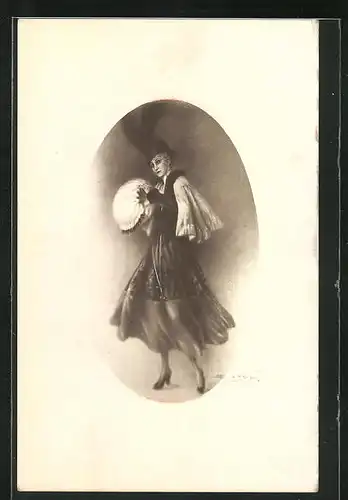 Passepartout-AK Junge Dame in eleganter Kleidung mit Federhut
