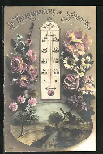AK Le Thermometre de l`Amour, Liebes-Thermometer von Blumen flankiert