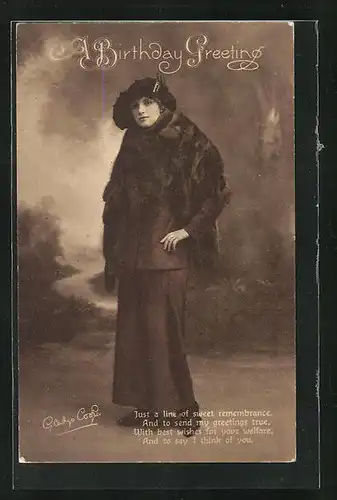 AK Schauspielerin Gladys Cooper mit Hut und Pelz, Geburtstagsgruss
