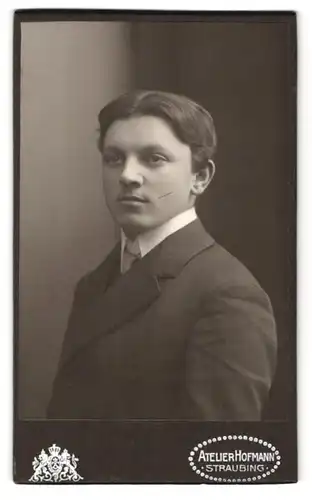 Fotografie Ad. Hofmann, Straubing, Bahnhofstrasse, Portrait junger Mann im Anzug mit Krawatte