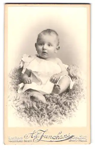 Fotografie Ad. Junghans, Magdeburg-Neustadt, Breite Weg 21, Portrait süsses Kleinkind im weissen Hemd auf Fell sitzend