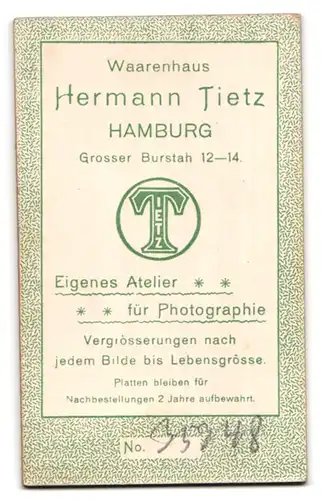 Fotografie Hermann Tietz, Hamburg, Grosser Burstah 12-14, Portrait junge Dame mit zurückgebundenem Haar