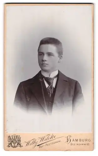 Fotografie Willy Wilcke, Hamburg, Steindamm 62, Portrait junger Mann im Anzug mit Krawatte