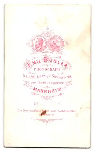 Fotografie Emil Bühler, Mannheim, Ludwigs-Strasse 29, Portrait stattlicher Herr mit Fliege und Schnurrbart