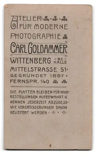 Fotografie Carl Goldammer, Wittenberg, Mittelstrasse 51, Portrait junge Dame im eleganten Kleid an Tisch gelehnt