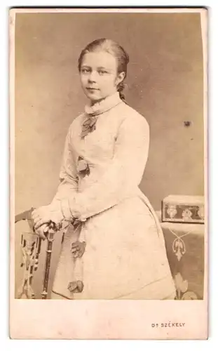 Fotografie Dr. Szekely, Wien, Opernring 1, junge Dame an einem Stuhl stehend portraitiert