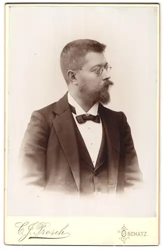 Fotografie C. J. Prosch, Oschatz, Hospitalstrasse 40, Portrait bürgerlicher Herr mit Brille und Vollbart
