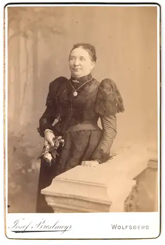 Fotografie Josef Breslmeyr, Wolfsberg, Portrait ältere Dame im hübschen Kleid mit Rose
