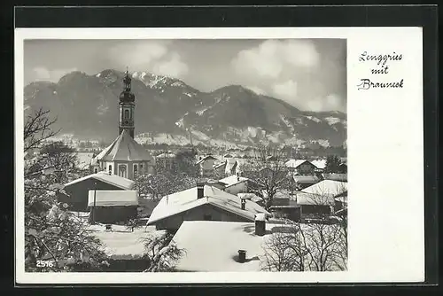 AK Lenggries, Kirche mit Brauneck im Winter