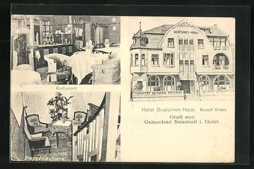 AK Neustadt i. Holst., Ansichten des Hotels Deutsches Haus mit Treppenaufgang