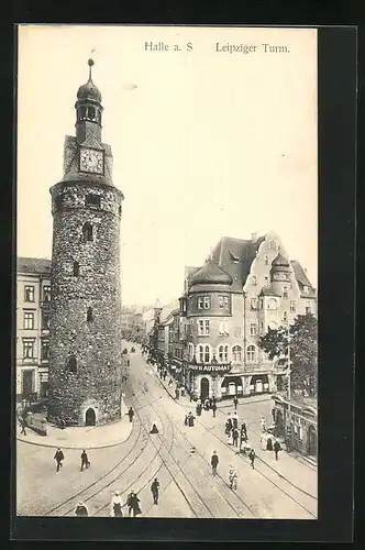 AK Halle a. S., Leipzigerstrasse mit Leipziger Turm