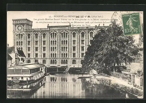 AK Nogent-sur-Seine, Les grands Moulins Sassot Fréres sur le bras gauche de la Seine construits en 1909