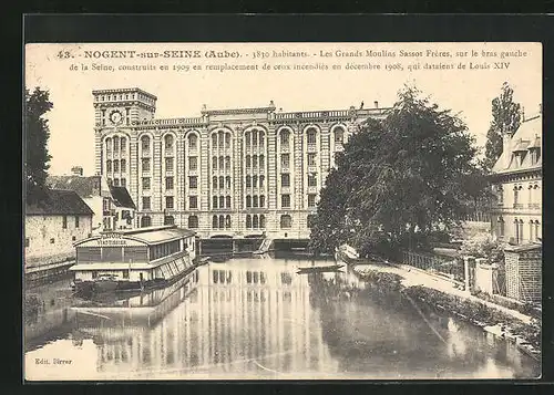 AK Nogent-sur-Seine, Les Grands Moulins Sassot Fréres, sur le bras gauche de la Seine, construits en 1909