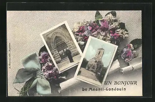 AK Mesnil-Gondouin, Kirche, Eingang und Geistlicher, Passepartout