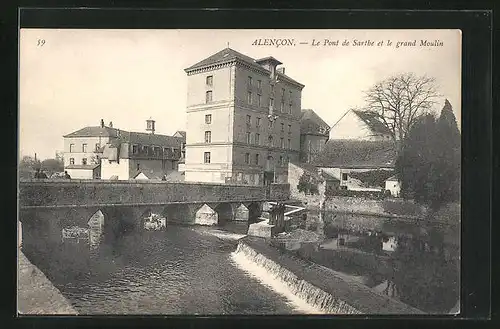 AK Alencon, Le Pont de Sarthe et le grand Moulin