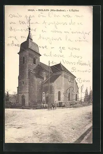 AK Delain, L`Eglise, Ehrenmal auf dem Kirchenvorplatz