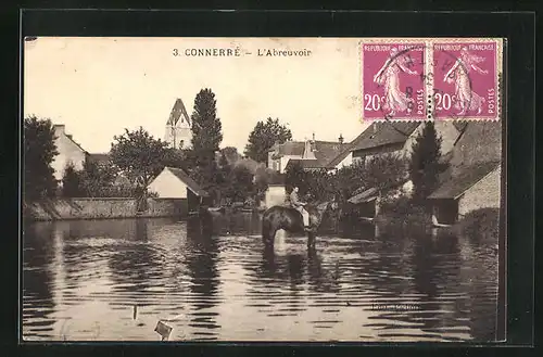 AK Connerre, L`Abreuvoir, L`Eglise, Pferd steht im Wasser