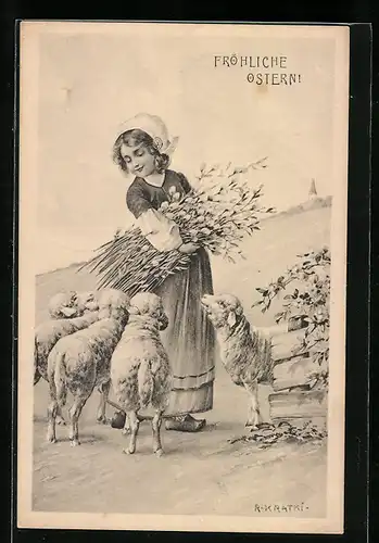 Künstler-AK R.Kratky: Fröhliche Ostern, Mädchen mit Lämmern