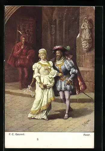 Künstler-AK Szene aus Goethes Faust, Faust und Gretchen, Mephisto im Hintergrund