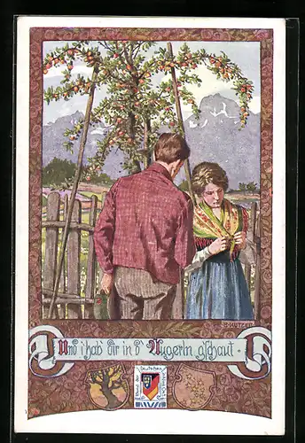 Künstler-AK Ernst Kutzer: Liebespaar nimmt Abschied, Wappen