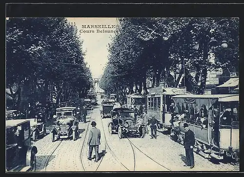 AK Marseille, Cours Belsunce mit Autos und Strassenbahnen