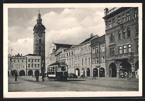 AK C. Budejovice, Strassenpartie mit Strassenbahn