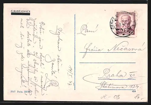 AK C. Budejovice, Strassenpartie mit Strassenbahn