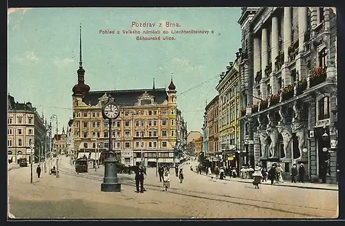 AK Brno, Pohled z Velkého námesti do Liechtensteinovy a Behounské ulice, Strassenbahn