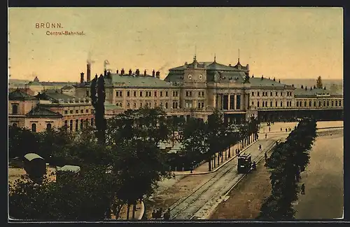 AK Brünn, Zentral-Bahnhof mit Strassenbahn