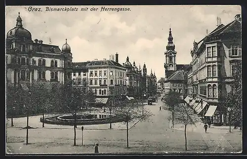 AK Graz, Bismarckplatz und Strasse Herrengasse mit Strassenbahn