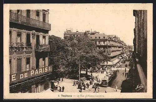 AK Toulouse, La Rue d`Alsace-Lorraine, Strassenpartie mit Strassenbahn