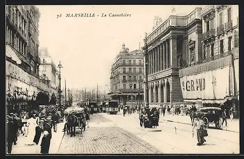 AK Marseille, La Cannebiére mit Strassenbahn