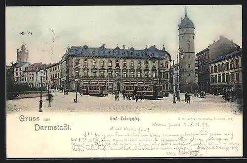 AK Darmstadt, Ludwigsplatz mit Strassenbahnen