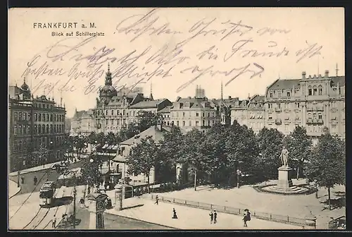 AK Frankfurt a. M., Schillerplatz mit Denkmal und Strassenbahn