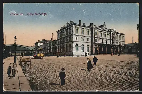 AK Chemnitz, Hauptbahnhof mit Strassenbahn