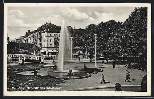 AK Mannheim, Partie mit Strassenbahn vor dem Wasserturm