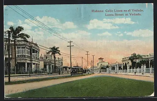 AK Habana, Calle Linea en el Vedado, Strassenbahn