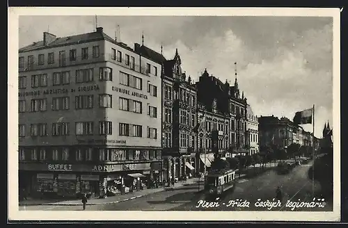 AK Pilzen / Plzen, Strassenbahn am Adria Buffet