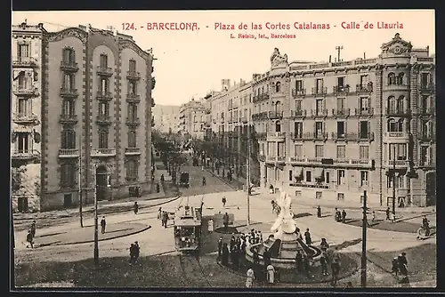 AK Barcelona, Plaza de las Cortes Catalanas, Calle de Llauria, Strassenbahn