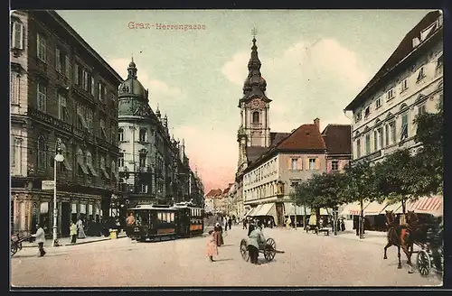 AK Graz, Herrengasse mit Passanten und Strassenbahn