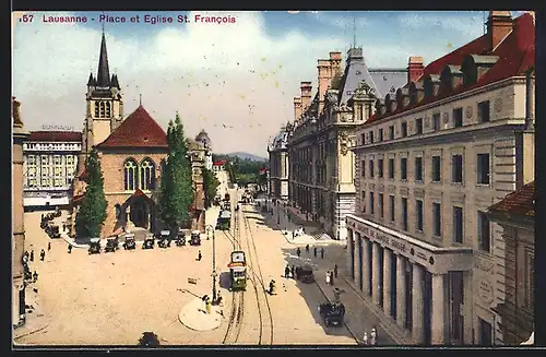 AK Lausanne, Place et Eglise St. Francois, Strassenbahn