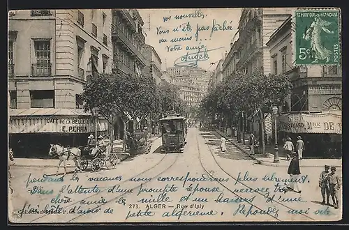 AK Alger, Rue d`Isly, Strassenbahn