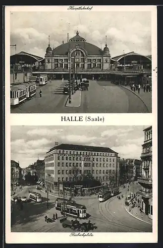 AK Halle / Saale, Partie am Hauptbahnhof und am Riebeckplatz, Strassenbahn