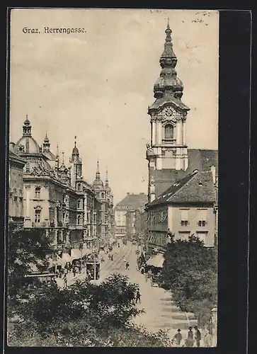 AK Graz, Herrengasse mit Strassenbahn aus der Vogelschau