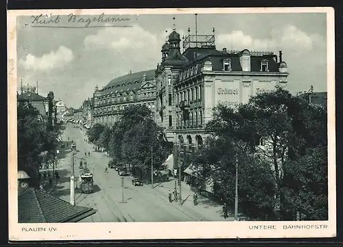 AK Plauen, Untere Bahnhofstrasse mit Kaffee Trömel und Strassenbahn