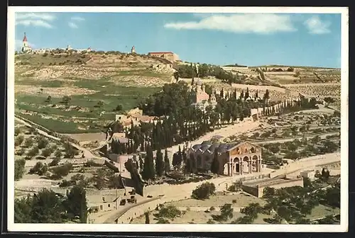 AK Jerusalem, Der Ölberg aus der Vogelschau, vorn Kirche und Garten Gethsemane