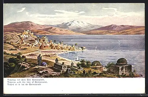 Künstler-AK F.Perlberg: Tiberias, Panorama mit See Genezareth