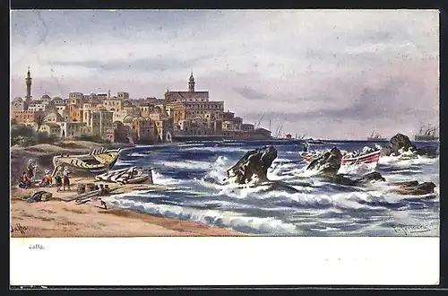 AK Jaffa, Strand mit Booten und Ortsansicht