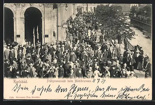AK Karlsbad, Frühpromenade beim Mühlbrunnen